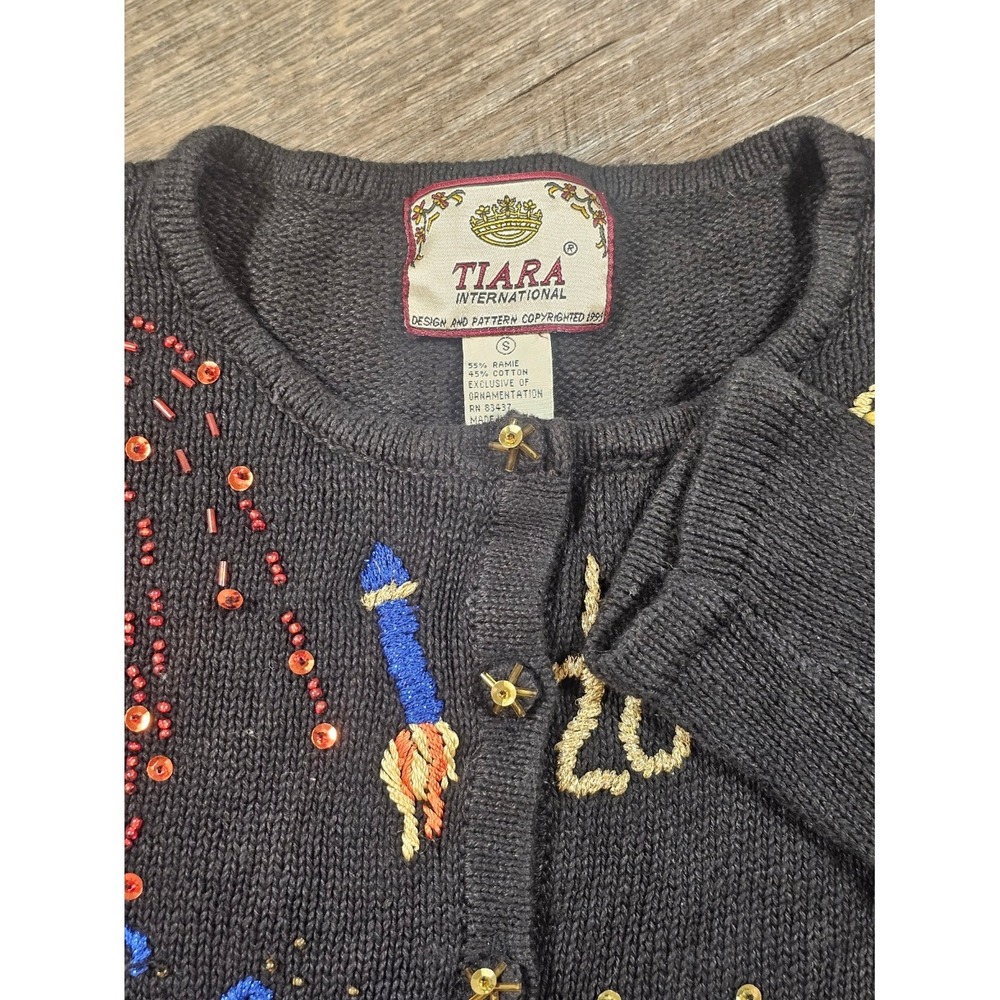 Vintage Y2K Happy 2000 Millennium Fireworks Cardigan Sweater Beaded Sequin Party - Picture 2 of 10